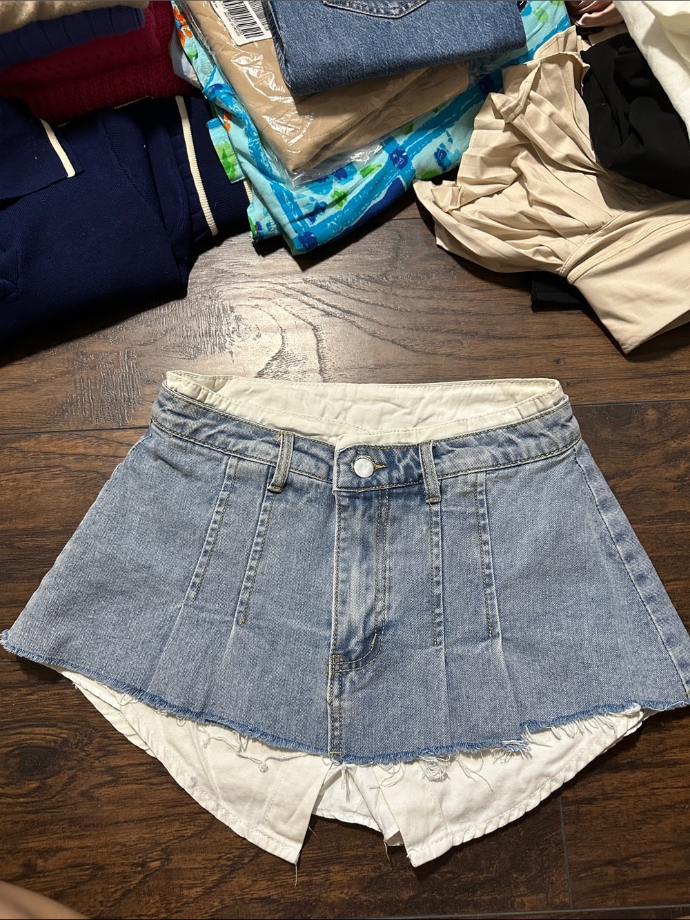 Light Blue Denim Skort Shorts - Women's Casual Layered Look